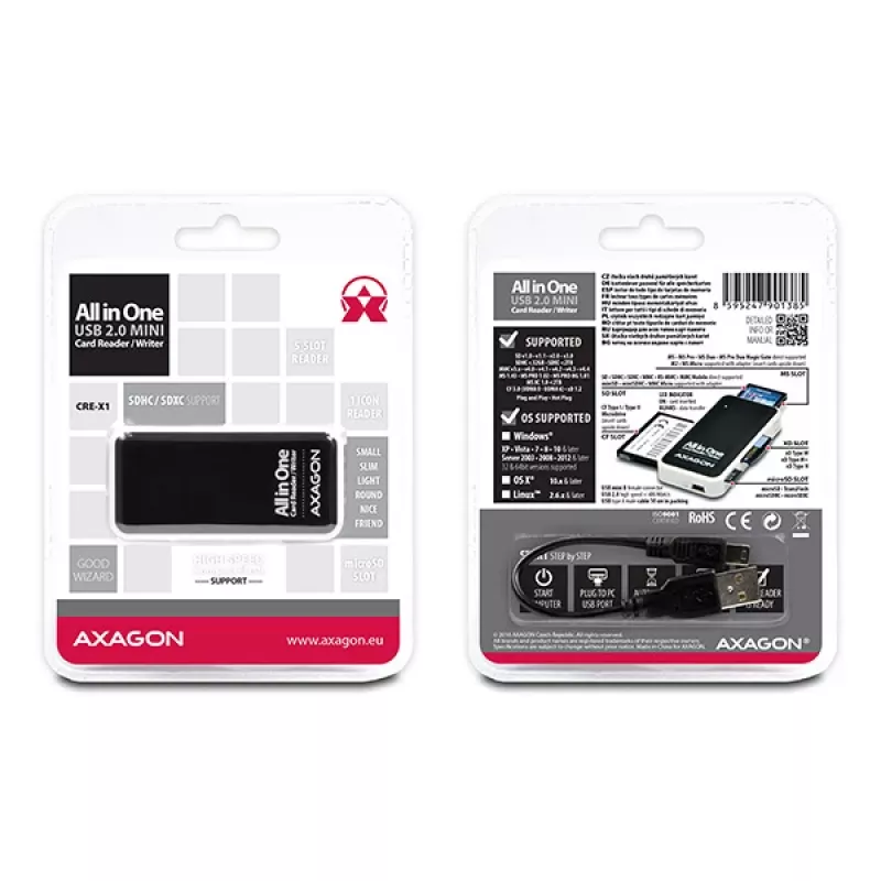 Axagon CRE-X1 lettore di schede esterno 5 slot, CF, CF Type II, MMC, MMC Mobile, MMCmicro, MS Duo, MS PRO, Memory Stick (MS), MicroDrive, MicroSD...,
