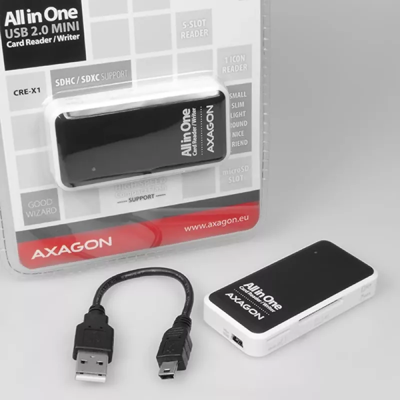 Axagon CRE-X1 lettore di schede esterno 5 slot, CF, CF Type II, MMC, MMC Mobile, MMCmicro, MS Duo, MS PRO, Memory Stick (MS), MicroDrive, MicroSD...,