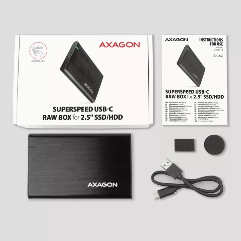 Case per HDD/SSD 2,5 pollici AXAGON EE25-A6C — SATA, USB 3.2 Gen 1 (Type-C & Type-A), alluminio, nero