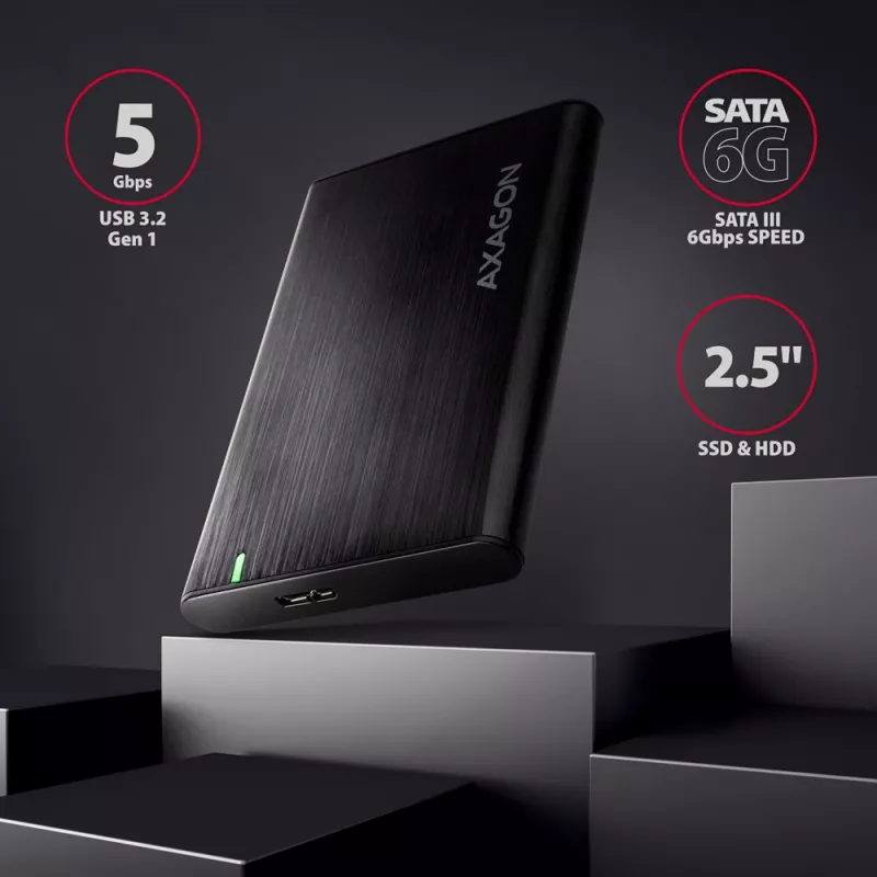 Case per HDD/SSD AXAGON EE25-A6M — SATA 2,5 pollici, USB 3.2 Gen 1 (5 Gbit/s), Micro-USB B a USB Type-A, alluminio, nero