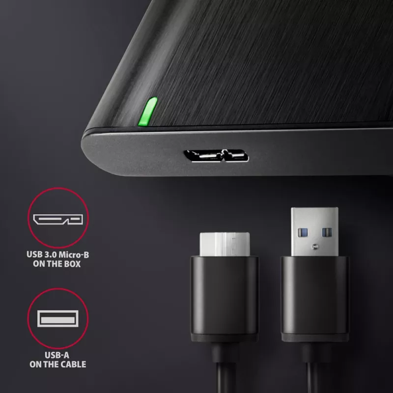 Case per HDD/SSD AXAGON EE25-A6M — SATA 2,5 pollici, USB 3.2 Gen 1 (5 Gbit/s), Micro-USB B a USB Type-A, alluminio, nero