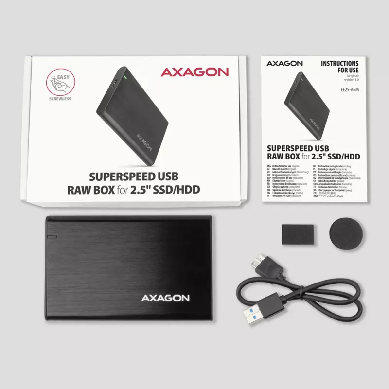 Case per HDD/SSD AXAGON EE25-A6M — SATA 2,5 pollici, USB 3.2 Gen 1 (5 Gbit/s), Micro-USB B a USB Type-A, alluminio, nero