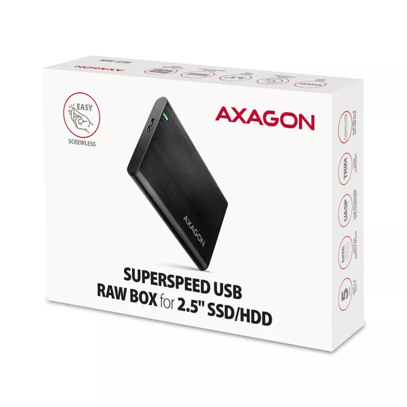 Case per HDD/SSD AXAGON EE25-A6M — SATA 2,5 pollici, USB 3.2 Gen 1 (5 Gbit/s), Micro-USB B a USB Type-A, alluminio, nero