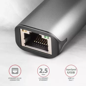 Adattatore 2.5 Gigabit Ethernet AXAGON ADE-25R — USB Type-C, 10/100/1000/2500 Mbit, 5000 Mbit/s, alluminio, grigio