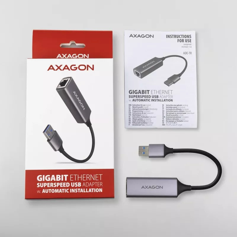 AXAGON Adattatore USB 3.2 Gen 1 Type-A a Gigabit Ethernet ADE-TR — 10/100/1000 Mbps, metallo grigio titanio, 5000 Mbit/s