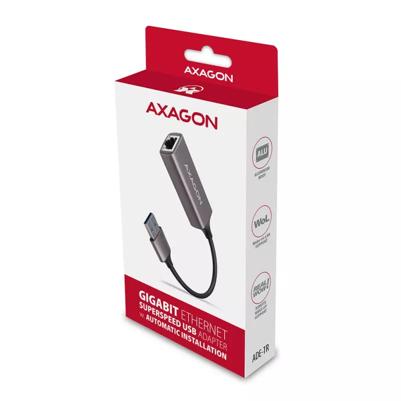 AXAGON Adattatore USB 3.2 Gen 1 Type-A a Gigabit Ethernet ADE-TR — 10/100/1000 Mbps, metallo grigio titanio, 5000 Mbit/s