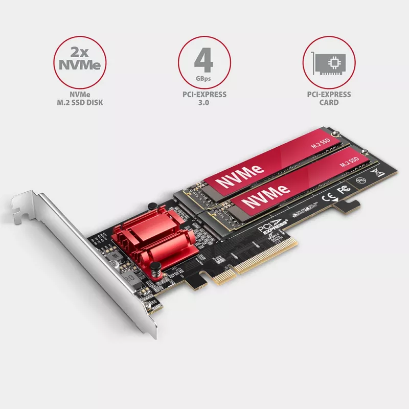 Axagon PCEM2-ND PCIe x8 - adattatore doppio slot M.2 NVMe M-Key, RAID, dataswitch, con SP & LP