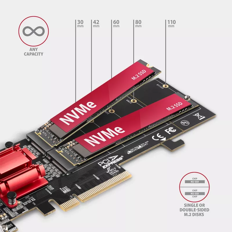 Axagon PCEM2-ND PCIe x8 - adattatore doppio slot M.2 NVMe M-Key, RAID, dataswitch, con SP & LP