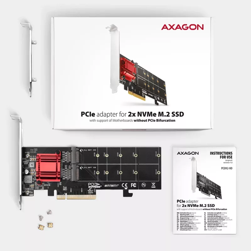 Axagon PCEM2-ND PCIe x8 - adattatore doppio slot M.2 NVMe M-Key, RAID, dataswitch, con SP & LP
