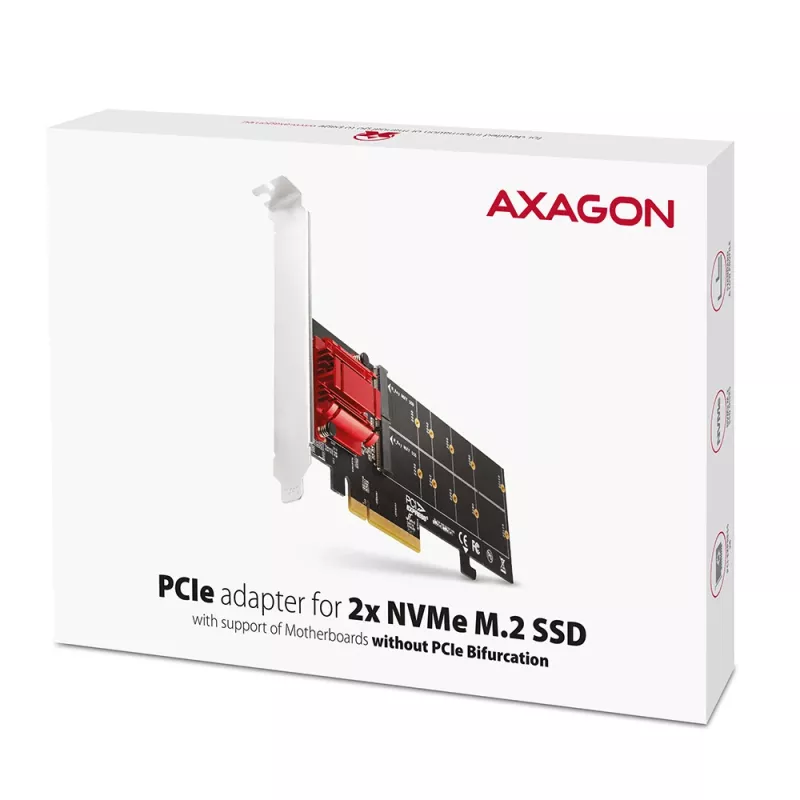 Axagon PCEM2-ND PCIe x8 - adattatore doppio slot M.2 NVMe M-Key, RAID, dataswitch, con SP & LP
