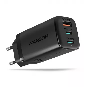 Axagon ACU-DPQ65 caricabatterie da parete GaN 65W, 3 porte (USB-A + doppia USB-C), PD3.0/QC4+/PPS/Apple