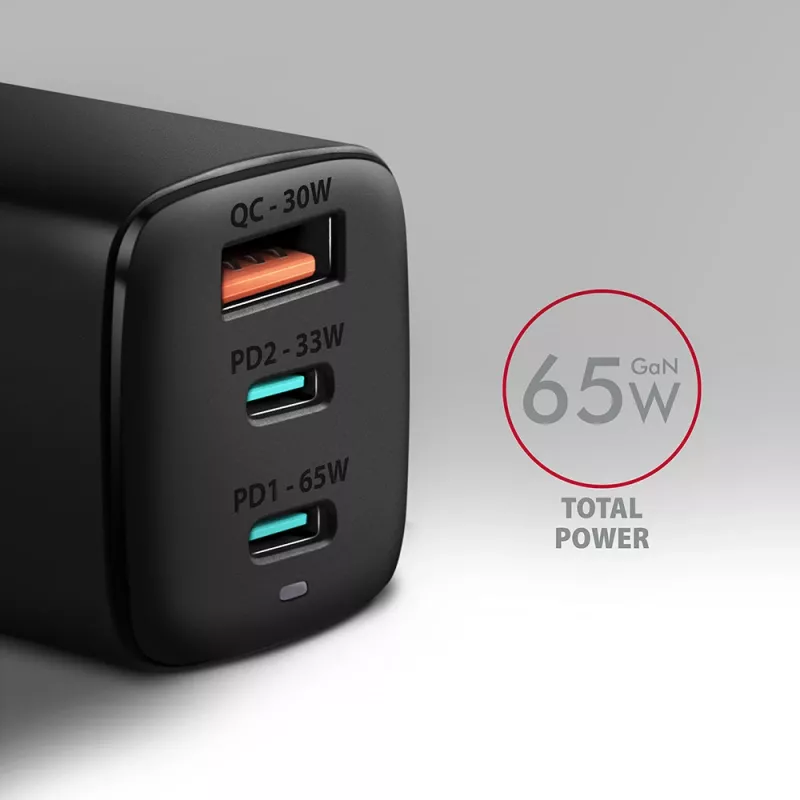 Axagon ACU-DPQ65 caricabatterie da parete GaN 65W, 3 porte (USB-A + doppia USB-C), PD3.0/QC4+/PPS/Apple