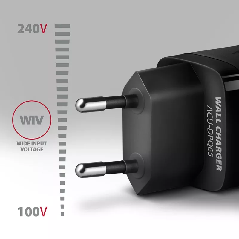 Axagon ACU-DPQ65 caricabatterie da parete GaN 65W, 3 porte (USB-A + doppia USB-C), PD3.0/QC4+/PPS/Apple
