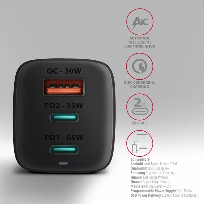Axagon ACU-DPQ65 caricabatterie da parete GaN 65W, 3 porte (USB-A + doppia USB-C), PD3.0/QC4+/PPS/Apple