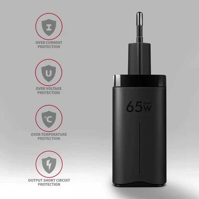 Axagon ACU-DPQ65 caricabatterie da parete GaN 65W, 3 porte (USB-A + doppia USB-C), PD3.0/QC4+/PPS/Apple