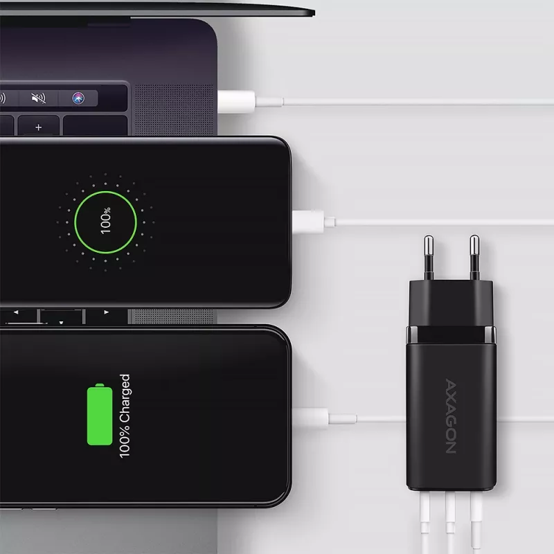 Axagon ACU-DPQ65 caricabatterie da parete GaN 65W, 3 porte (USB-A + doppia USB-C), PD3.0/QC4+/PPS/Apple