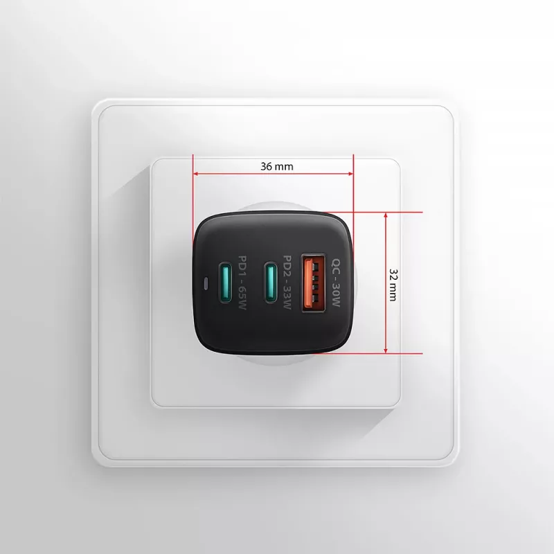 Axagon ACU-DPQ65 caricabatterie da parete GaN 65W, 3 porte (USB-A + doppia USB-C), PD3.0/QC4+/PPS/Apple