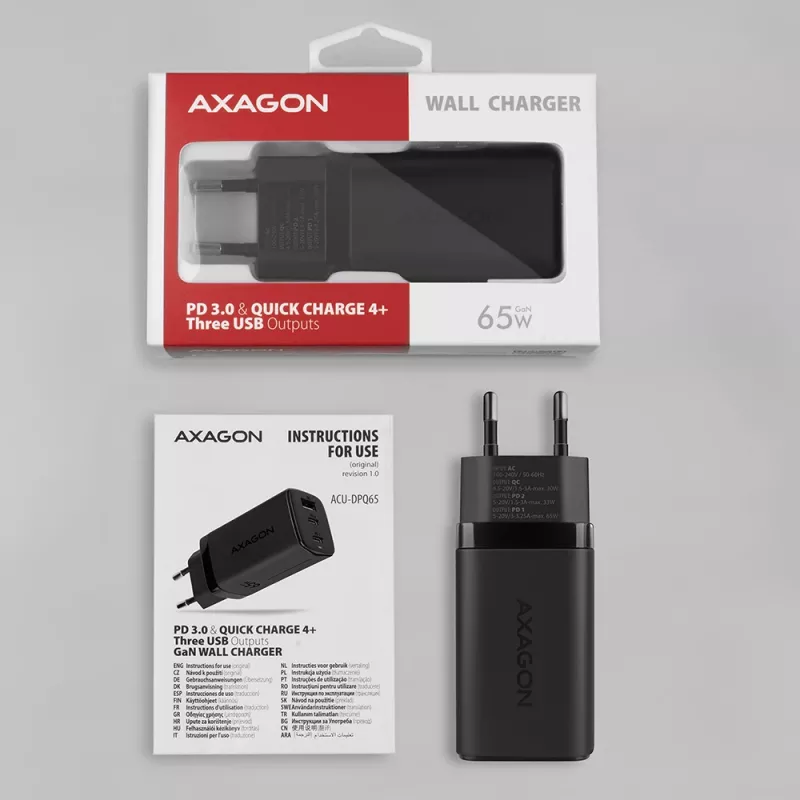 Axagon ACU-DPQ65 caricabatterie da parete GaN 65W, 3 porte (USB-A + doppia USB-C), PD3.0/QC4+/PPS/Apple