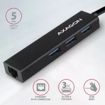 Axagon HMA-GL3A hub multiporta USB 3.0 Type-A Gbit-LAN 3x USB-A microSD con cavo USB 3.2 Gen 1 (3.1 Gen 1) Type-A nero