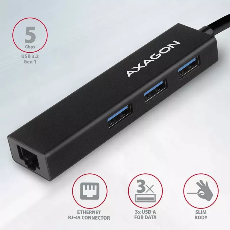 Axagon HMA-GL3A hub multiporta USB 3.0 Type-A Gbit-LAN 3x USB-A microSD con cavo USB 3.2 Gen 1 (3.1 Gen 1) Type-A nero