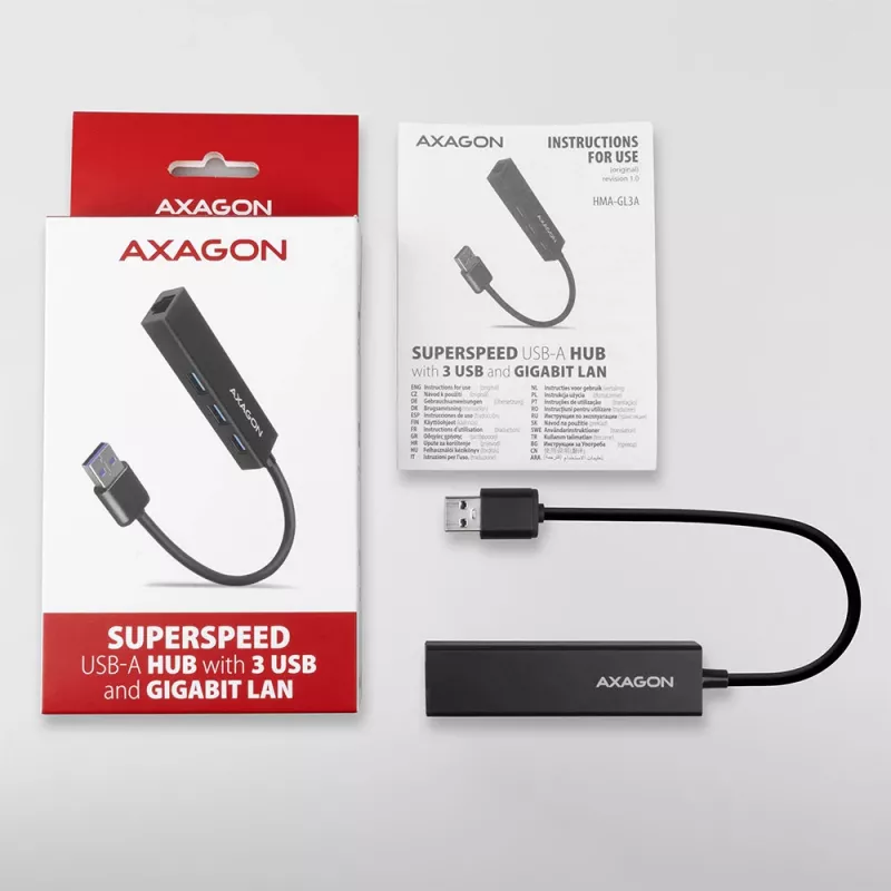 Axagon HMA-GL3A hub multiporta USB 3.0 Type-A Gbit-LAN 3x USB-A microSD con cavo USB 3.2 Gen 1 (3.1 Gen 1) Type-A nero