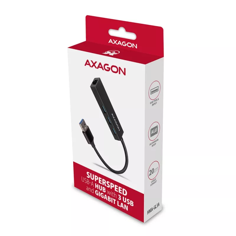 Axagon HMA-GL3A hub multiporta USB 3.0 Type-A Gbit-LAN 3x USB-A microSD con cavo USB 3.2 Gen 1 (3.1 Gen 1) Type-A nero