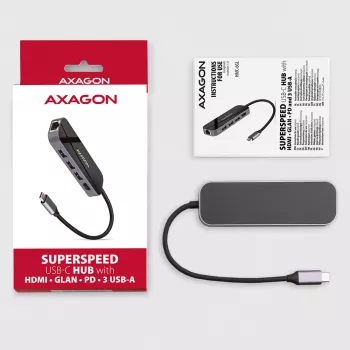 Axagon HMC-6GL hub USB 3.2 Gen 1, 3x USB-A, HDMI 4K/30Hz, RJ-45, PD 100W, cavo USB-C 20 cm