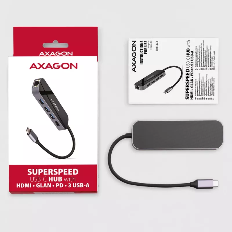 Axagon HMC-6GL hub USB 3.2 Gen 1, 3x USB-A, HDMI 4K/30Hz, RJ-45, PD 100W, cavo USB-C 20 cm