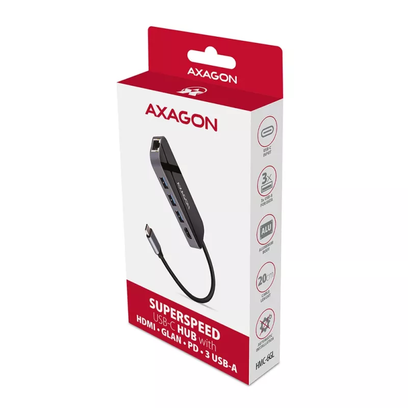 Axagon HMC-6GL hub USB 3.2 Gen 1, 3x USB-A, HDMI 4K/30Hz, RJ-45, PD 100W, cavo USB-C 20 cm