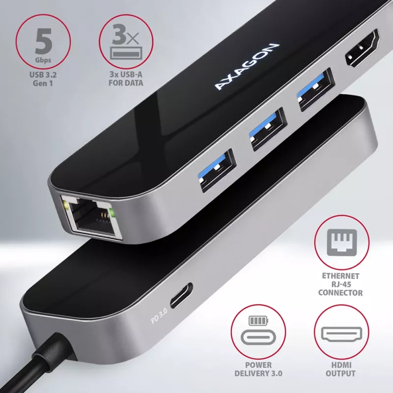 Axagon HMC-6GL hub USB 3.2 Gen 1, 3x USB-A, HDMI 4K/30Hz, RJ-45, PD 100W, cavo USB-C 20 cm