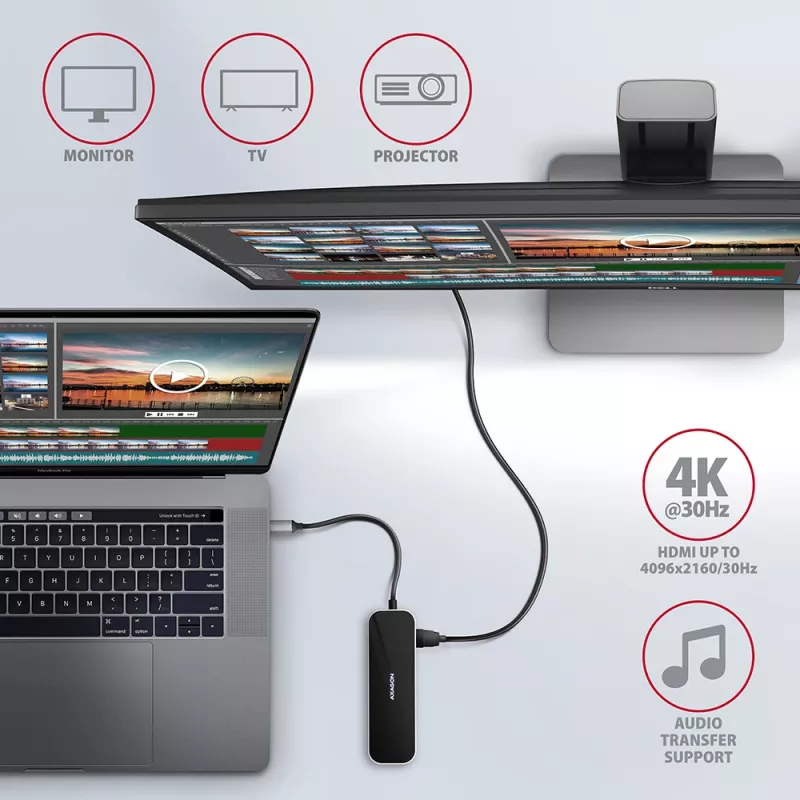 Axagon HMC-6GL hub USB 3.2 Gen 1, 3x USB-A, HDMI 4K/30Hz, RJ-45, PD 100W, cavo USB-C 20 cm