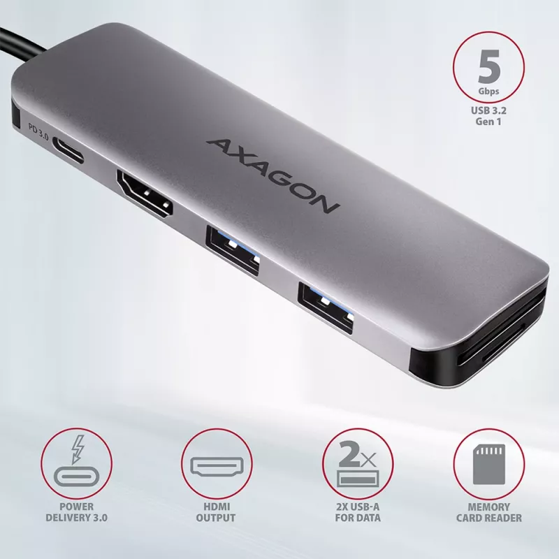 Axagon HMC-5 hub USB 3.2 Gen 1, 2x USB-A, HDMI, SD/microSD, PD 100W, cavo USB-C 20 cm