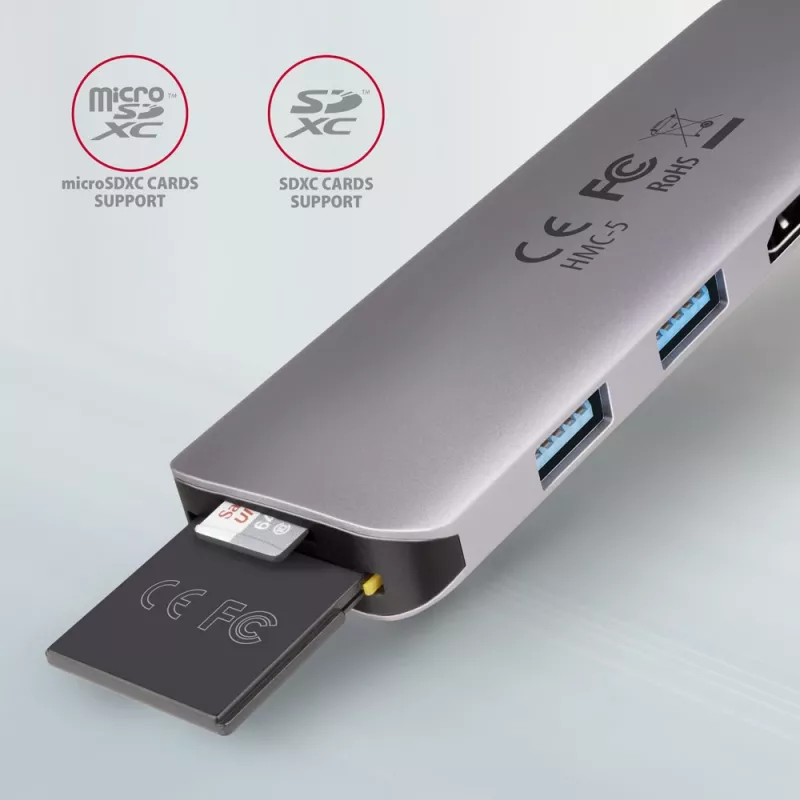 Axagon HMC-5 hub USB 3.2 Gen 1, 2x USB-A, HDMI, SD/microSD, PD 100W, cavo USB-C 20 cm