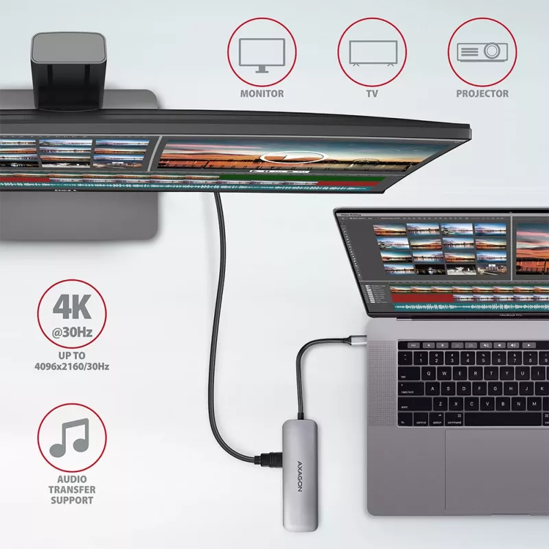 Axagon HMC-5 hub USB 3.2 Gen 1, 2x USB-A, HDMI, SD/microSD, PD 100W, cavo USB-C 20 cm