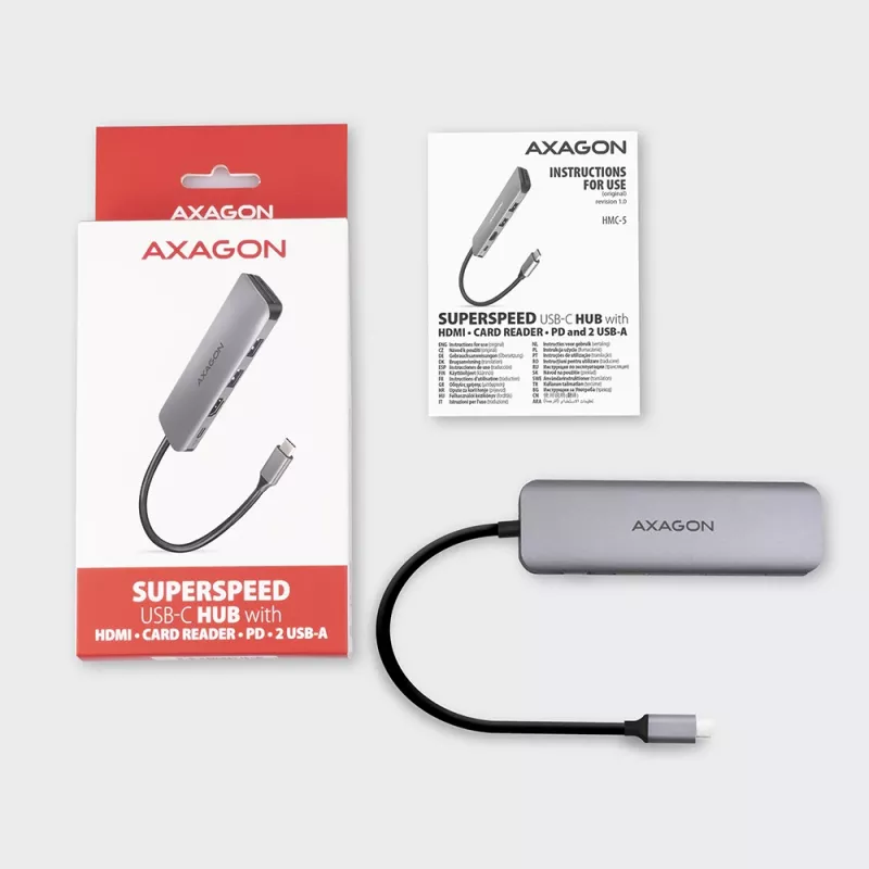 Axagon HMC-5 hub USB 3.2 Gen 1, 2x USB-A, HDMI, SD/microSD, PD 100W, cavo USB-C 20 cm