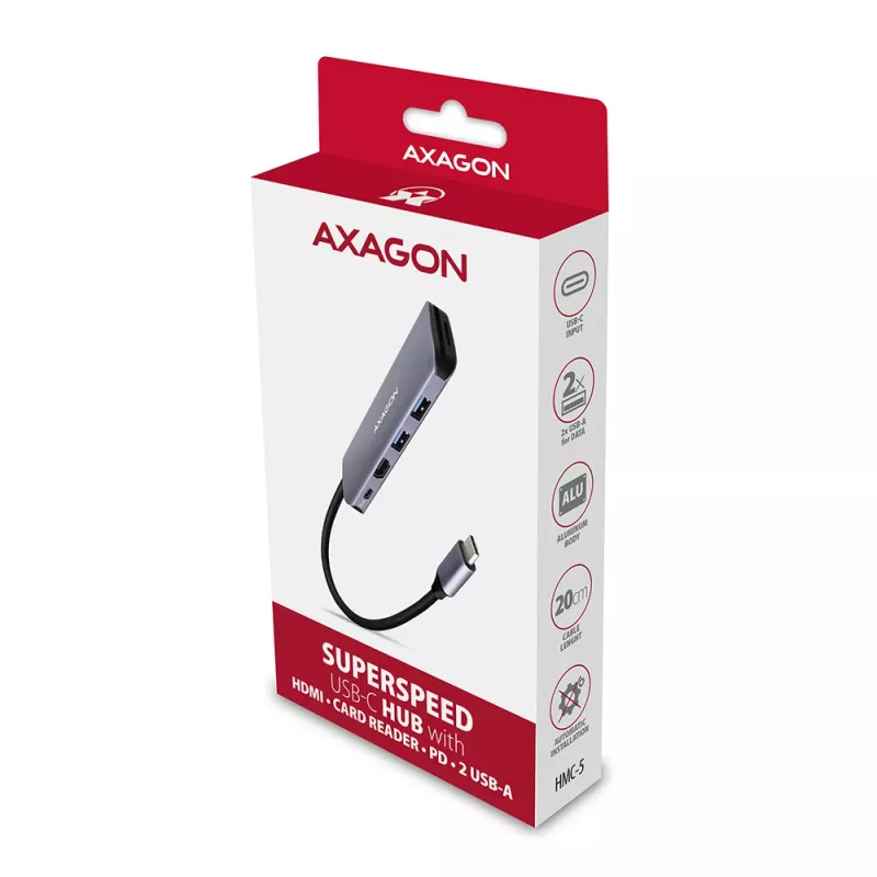 Axagon HMC-5 hub USB 3.2 Gen 1, 2x USB-A, HDMI, SD/microSD, PD 100W, cavo USB-C 20 cm