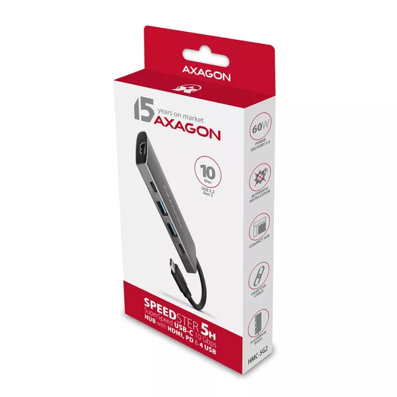 Axagon HMC-5G2 SPEEDSTER hub USB-C 5 in 1, 2x USB-A, 2x USB-C, HDMI, PD 60 W