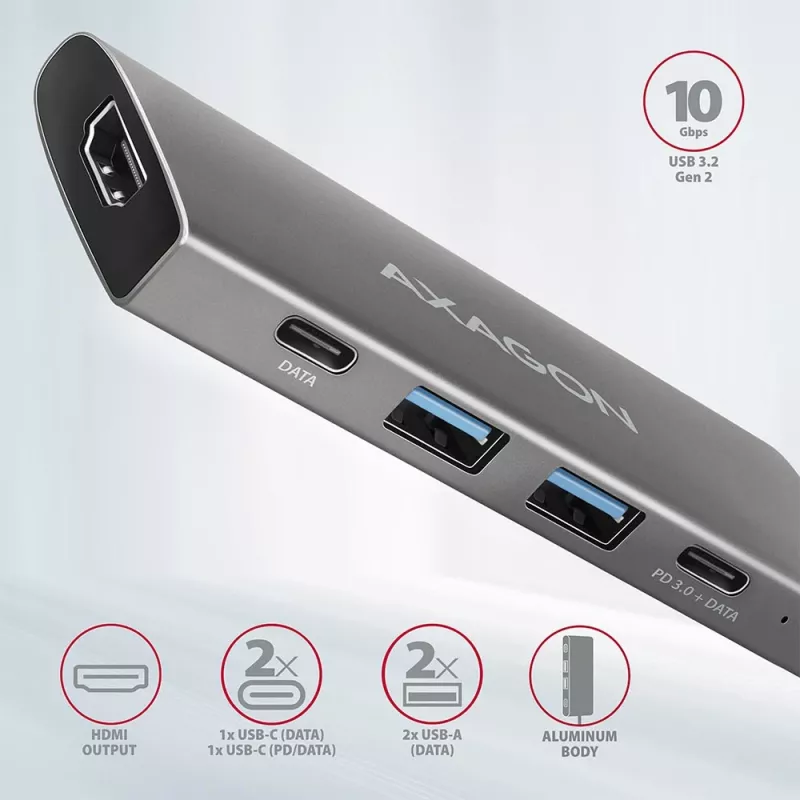Axagon HMC-5G2 SPEEDSTER hub USB-C 5 in 1, 2x USB-A, 2x USB-C, HDMI, PD 60 W