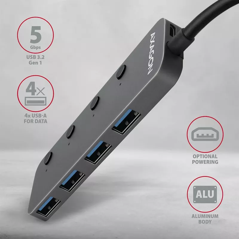 Axagon HUE-MSA switch hub Superspeed USB-A 4x USB 3.0 attivo - 20cm nero USB 3.2 Gen 1 (3.1 Gen 1) Type-A 5000 Mbit/s grigio
