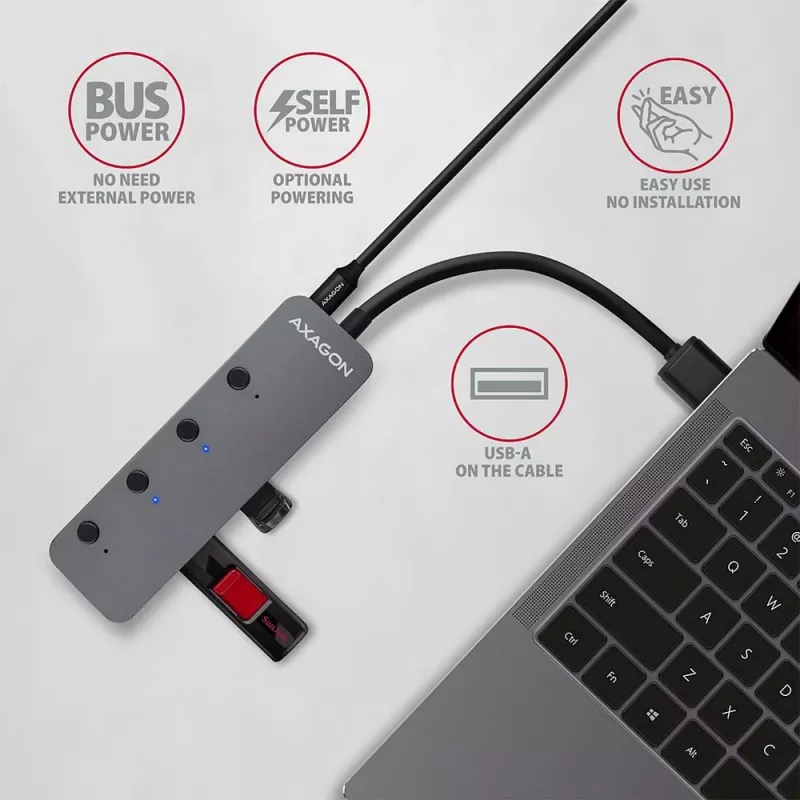 Axagon HUE-MSA switch hub Superspeed USB-A 4x USB 3.0 attivo - 20cm nero USB 3.2 Gen 1 (3.1 Gen 1) Type-A 5000 Mbit/s grigio