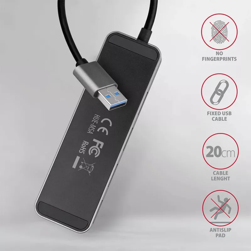 Axagon HUE-MSA switch hub Superspeed USB-A 4x USB 3.0 attivo - 20cm nero USB 3.2 Gen 1 (3.1 Gen 1) Type-A 5000 Mbit/s grigio