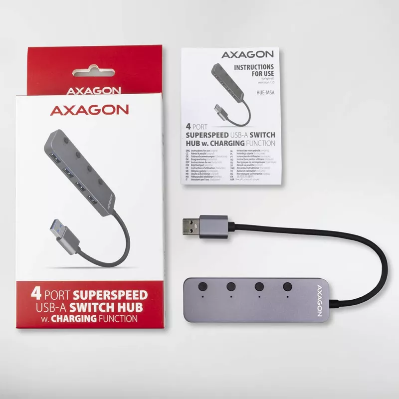 Axagon HUE-MSA switch hub Superspeed USB-A 4x USB 3.0 attivo - 20cm nero USB 3.2 Gen 1 (3.1 Gen 1) Type-A 5000 Mbit/s grigio