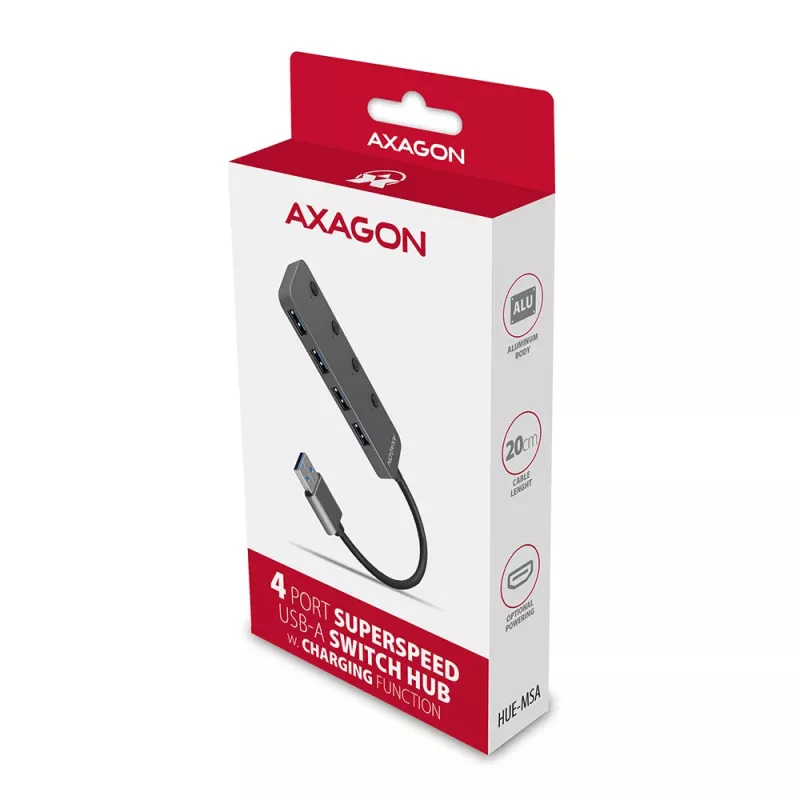 Axagon HUE-MSA switch hub Superspeed USB-A 4x USB 3.0 attivo - 20cm nero USB 3.2 Gen 1 (3.1 Gen 1) Type-A 5000 Mbit/s grigio