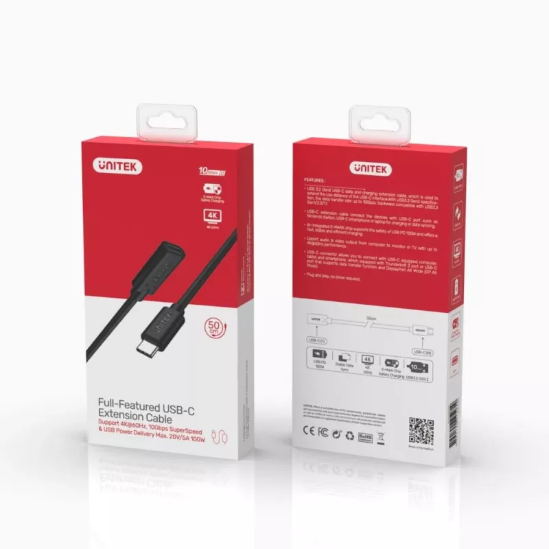 Unitek C14086BK-1M cavo prolunga USB-C (M/F), 10 Gbps, 4K, PD 100 W, 1 m, nero