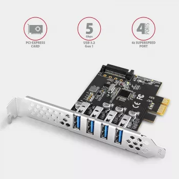 Scheda PCIe Axagon PCEU-43RS - 4 porte USB 5 Gbps, doppia alimentazione, Renesas PD720201, SP & LP
