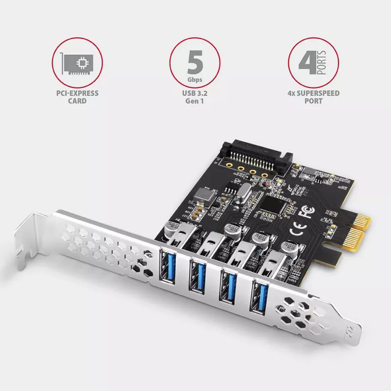 Scheda PCIe Axagon PCEU-43RS - 4 porte USB 5 Gbps, doppia alimentazione, Renesas PD720201, SP & LP