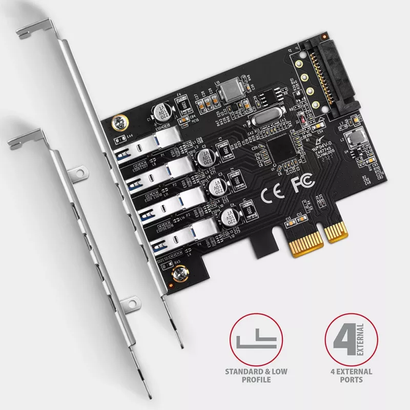 Scheda PCIe Axagon PCEU-43RS - 4 porte USB 5 Gbps, doppia alimentazione, Renesas PD720201, SP & LP
