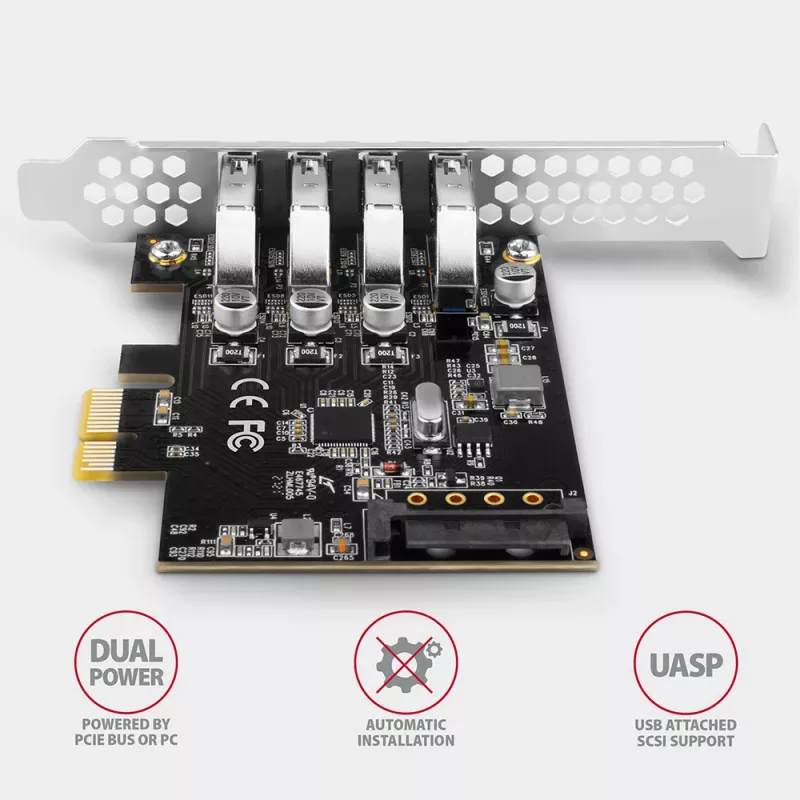 Scheda PCIe Axagon PCEU-43RS - 4 porte USB 5 Gbps, doppia alimentazione, Renesas PD720201, SP & LP