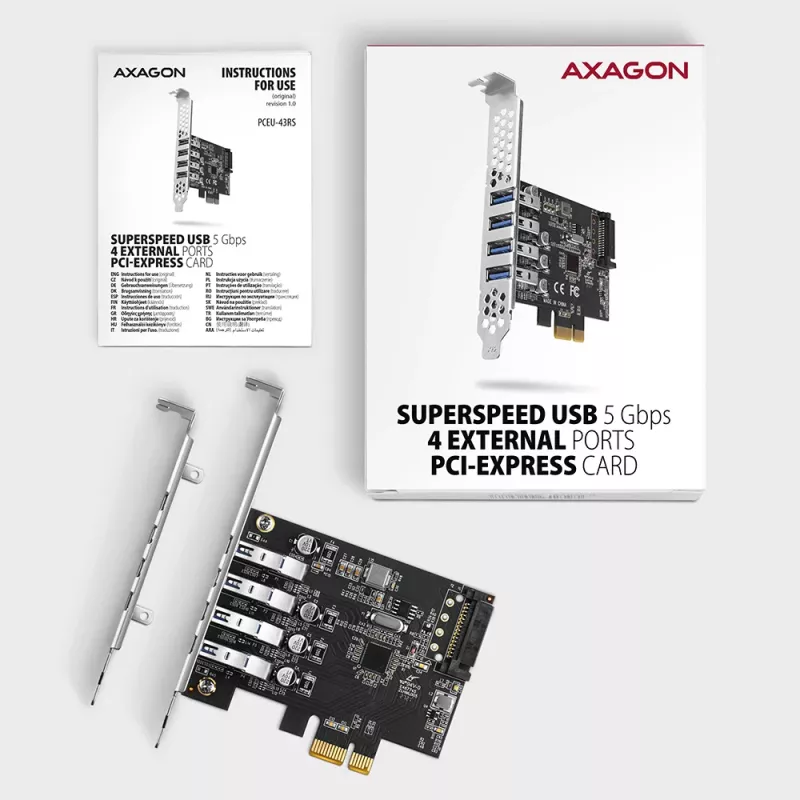 Scheda PCIe Axagon PCEU-43RS - 4 porte USB 5 Gbps, doppia alimentazione, Renesas PD720201, SP & LP