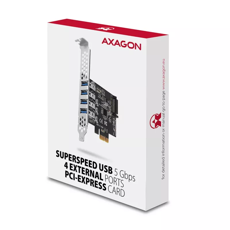 Scheda PCIe Axagon PCEU-43RS - 4 porte USB 5 Gbps, doppia alimentazione, Renesas PD720201, SP & LP